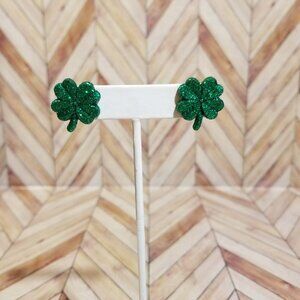 Four-Leaf Clover Stud Earrings, Dark Green Sparkly